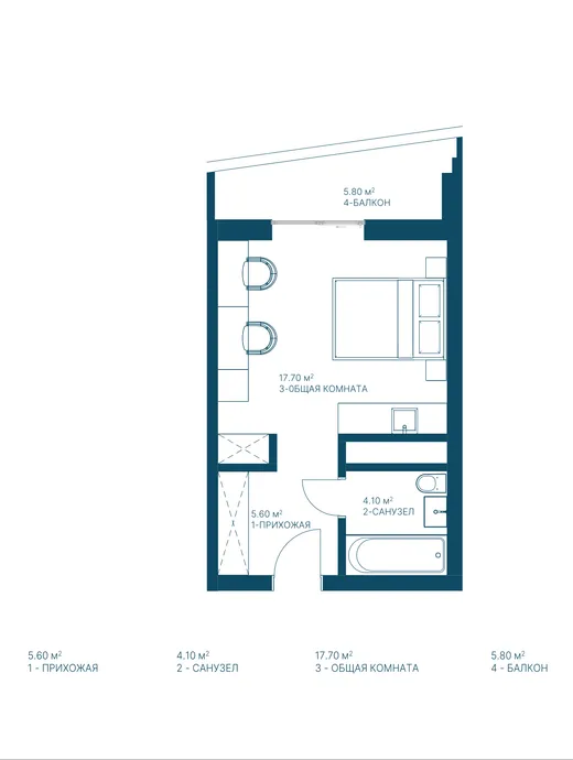 Планировка апартамента №510, 33.2 м²