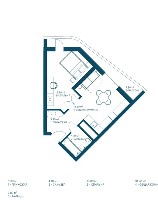 Планировка апартамента №517, 52.2 м²